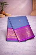 Blue-grey with magenta kanchi border - hand butta- Chettinad cotton