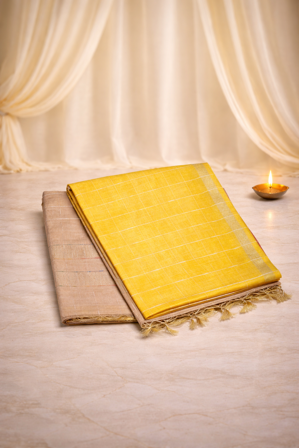 Checked Semi Tussar Silk - Contrast pallu - Yellow Saree