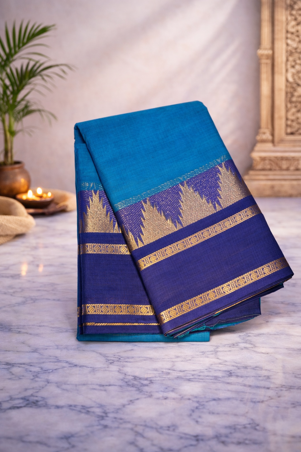 Peacock blue with Navy blue border - chettinad cotton