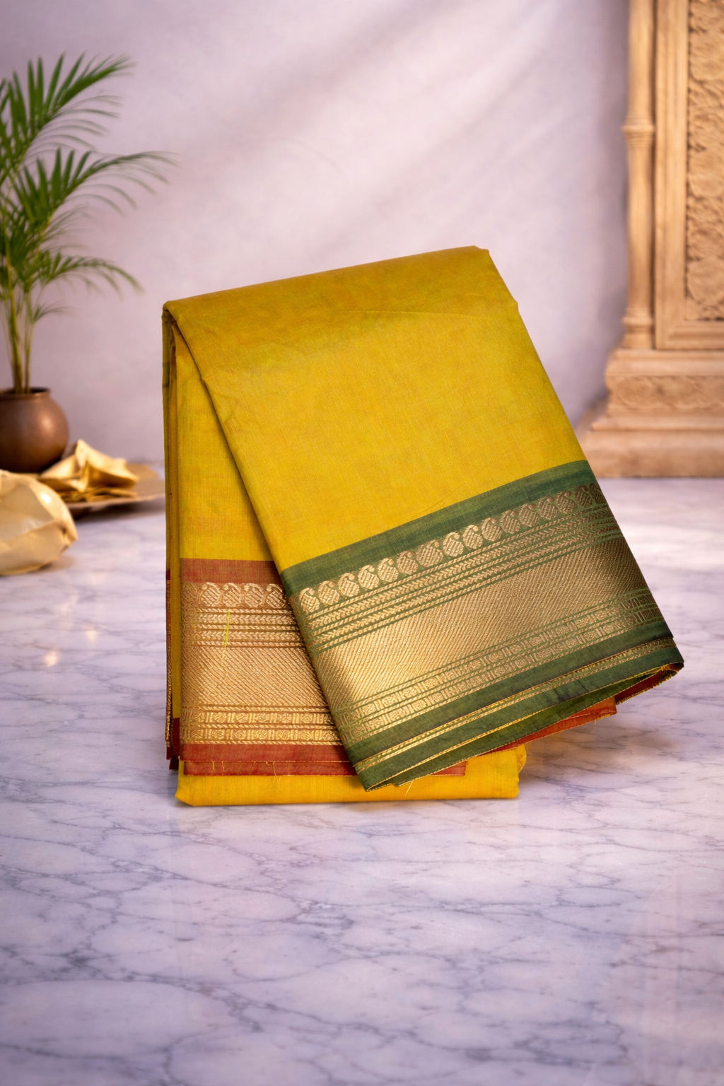 Lemon green with ganga jamuna border - Chettinad cotton