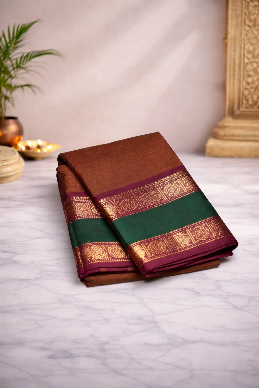 Light brown with rettapet border - Chettinad cotton