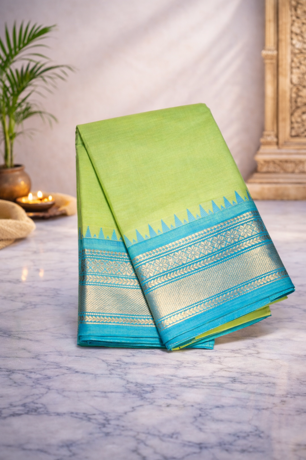 Lime green with sky blue border - Chettinad cotton