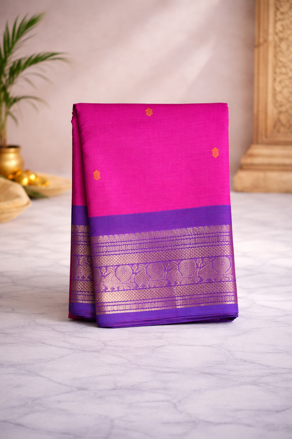 Rani pink with purple kanchi border - hand butta - Chettinad cotton