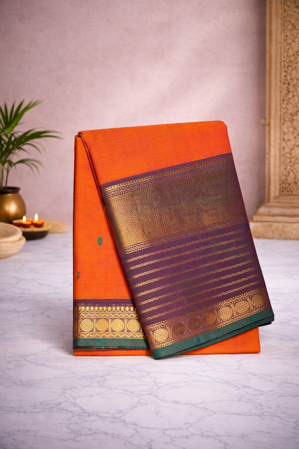 Orange with green kanchi border-hand butta- Chettinad cotton