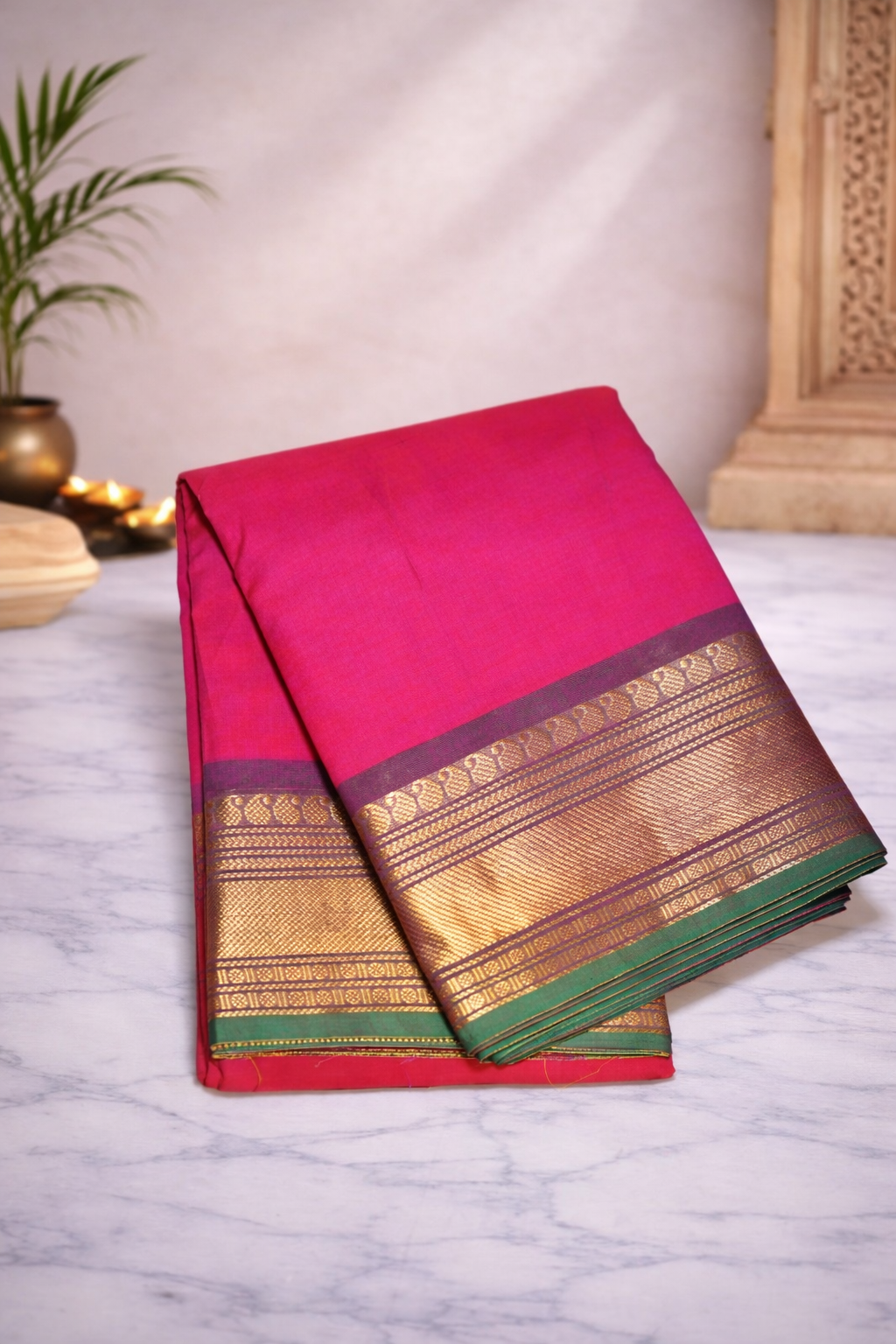 Rani pink with green border - Chettinad cotton