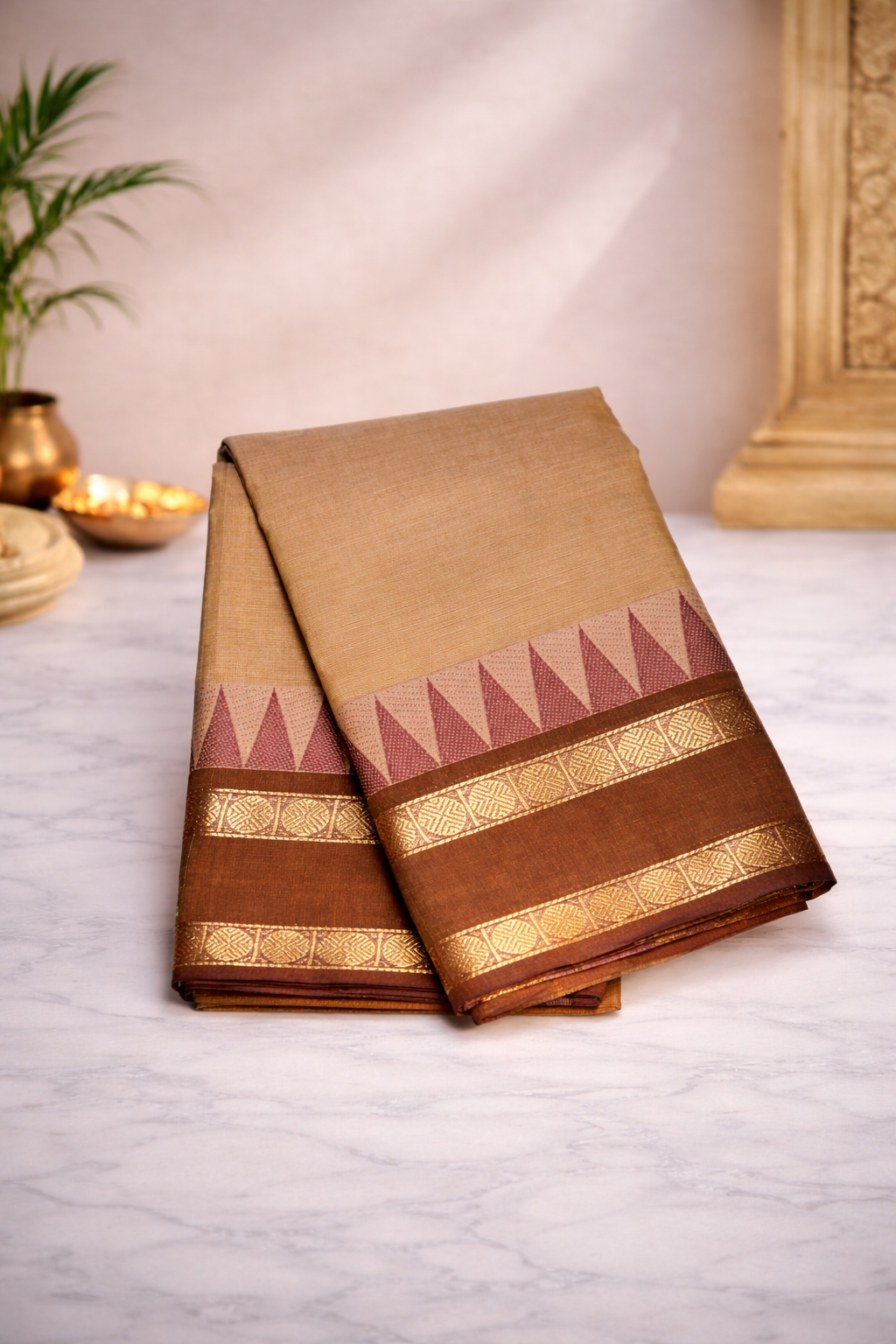 Sand with dark brown border - Chettinad cotton