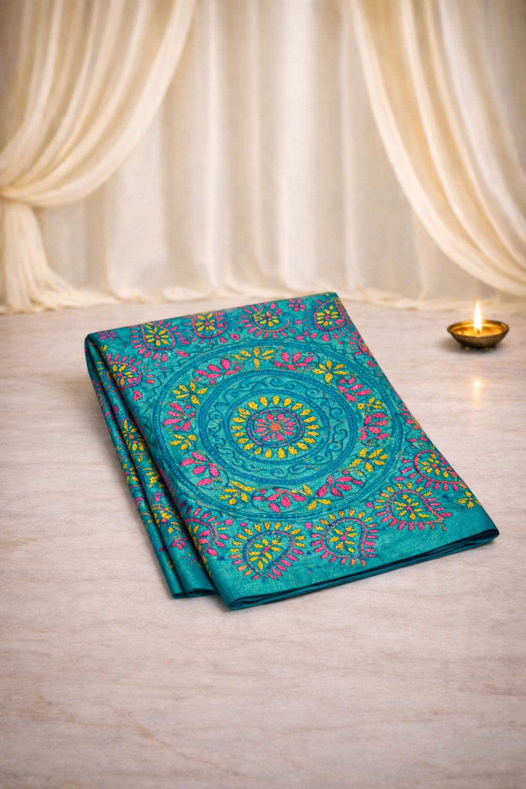 Kantha Hand Embroidered Tussar Silk - Green Saree