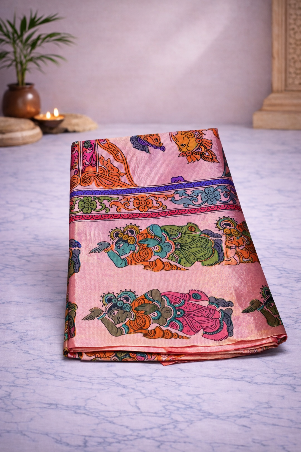 Mangalgiri Silk - Kalamkari Hand Painting (screen print) - Pale pink
