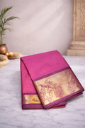 Dark onion pink with maroon kanchi border- peacock motif- Chettinad cotton