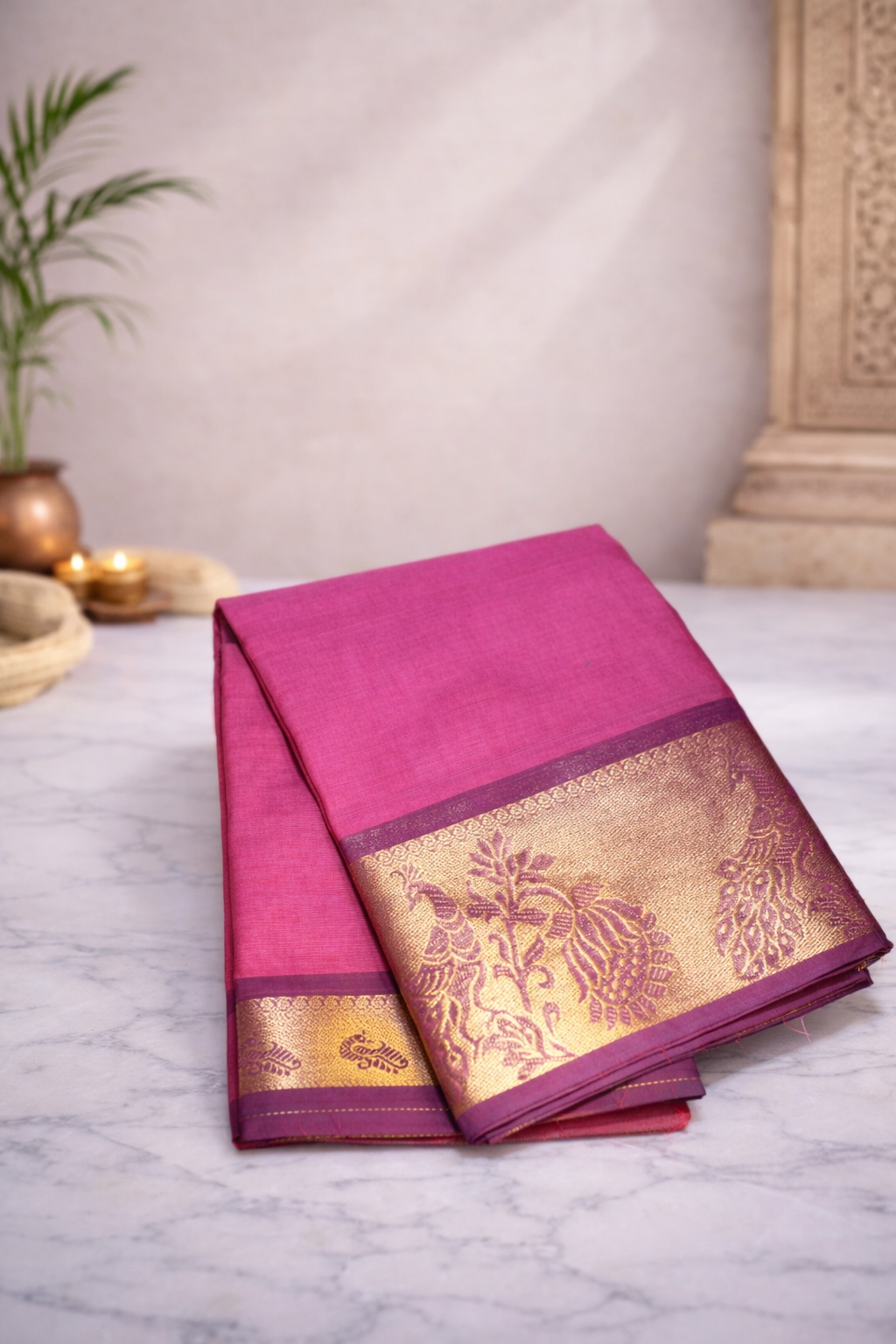 Dark onion pink with maroon kanchi border- peacock motif- Chettinad cotton