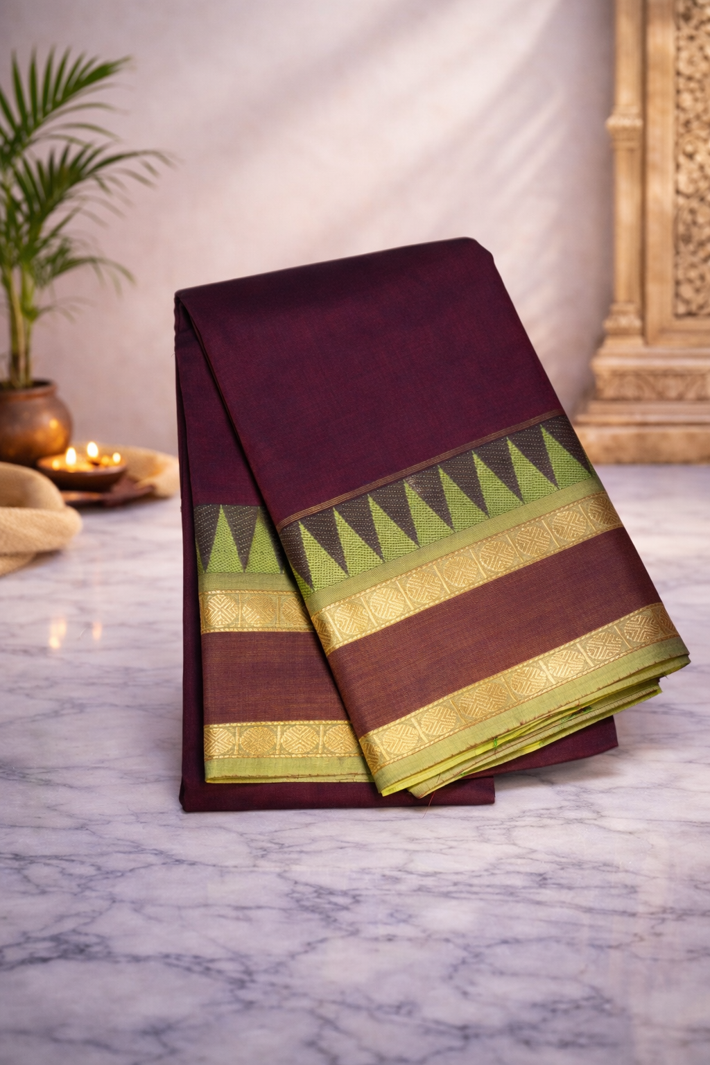 Coffee brown with lime green border - Chettinad cotton