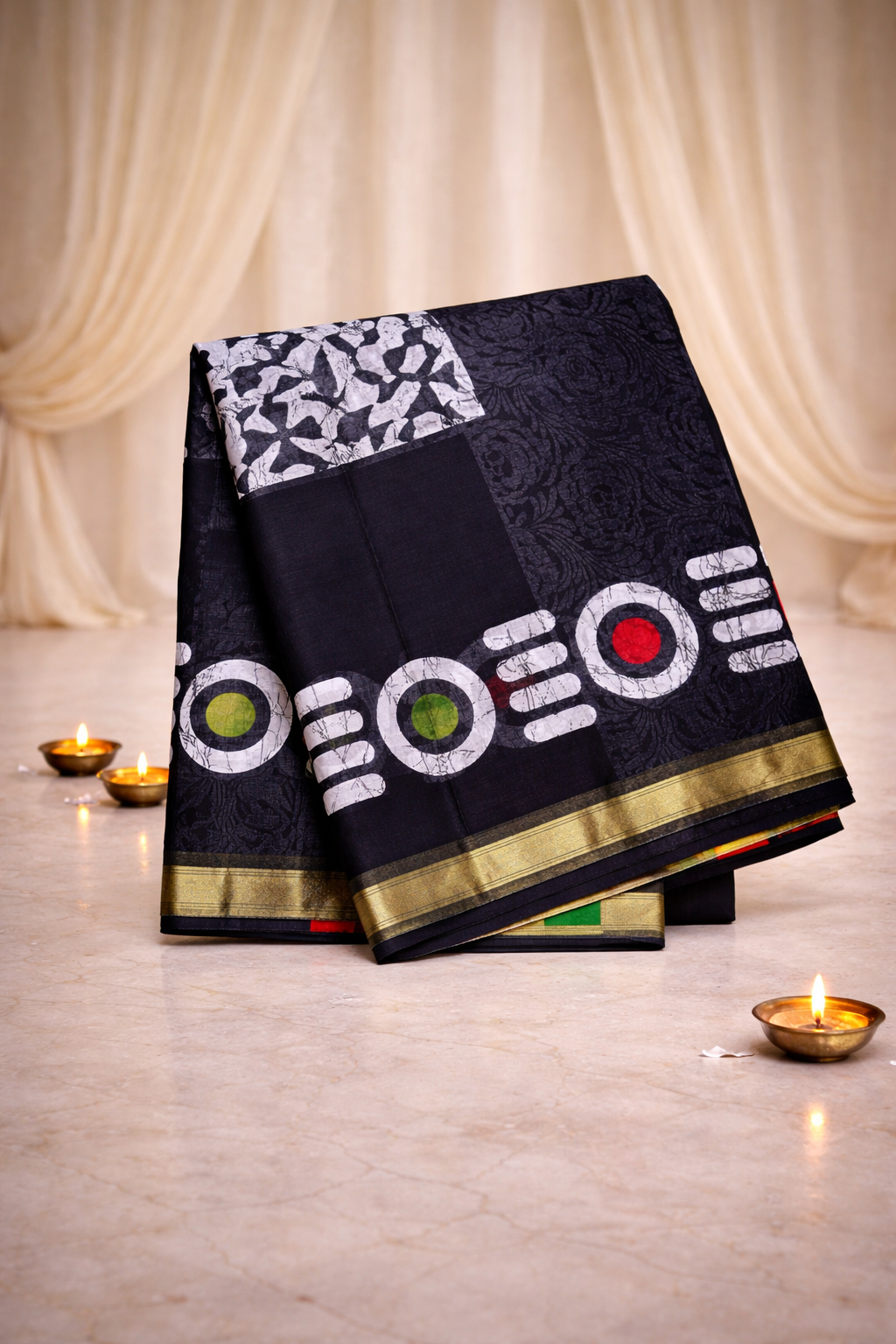 Zari Cotton - Batik Print - Black Saree