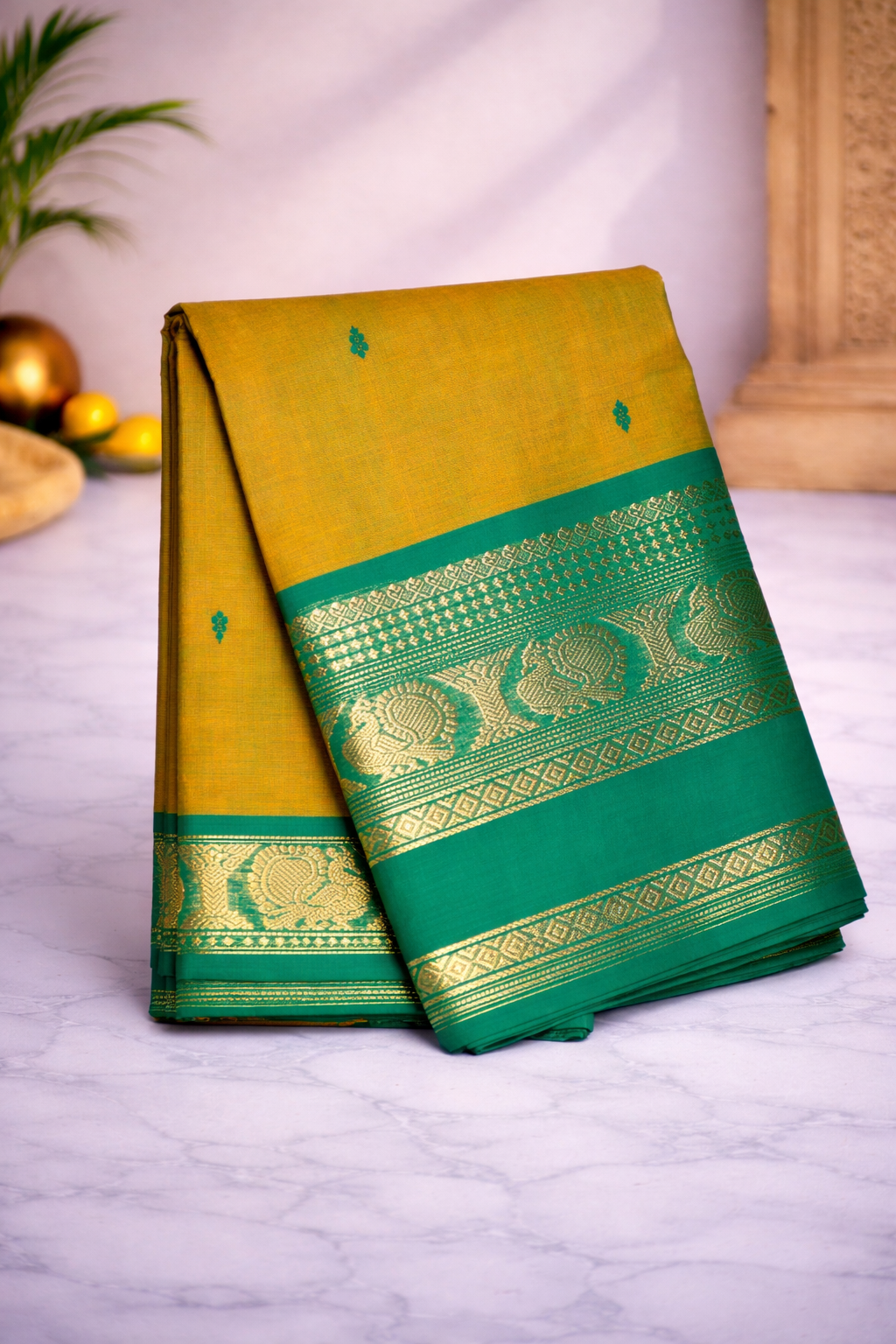 Yellow green dual shade with green kanchi border- Hand butta- Chettinad cotton
