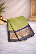 Olive green with dark blue border - Chettinad cotton