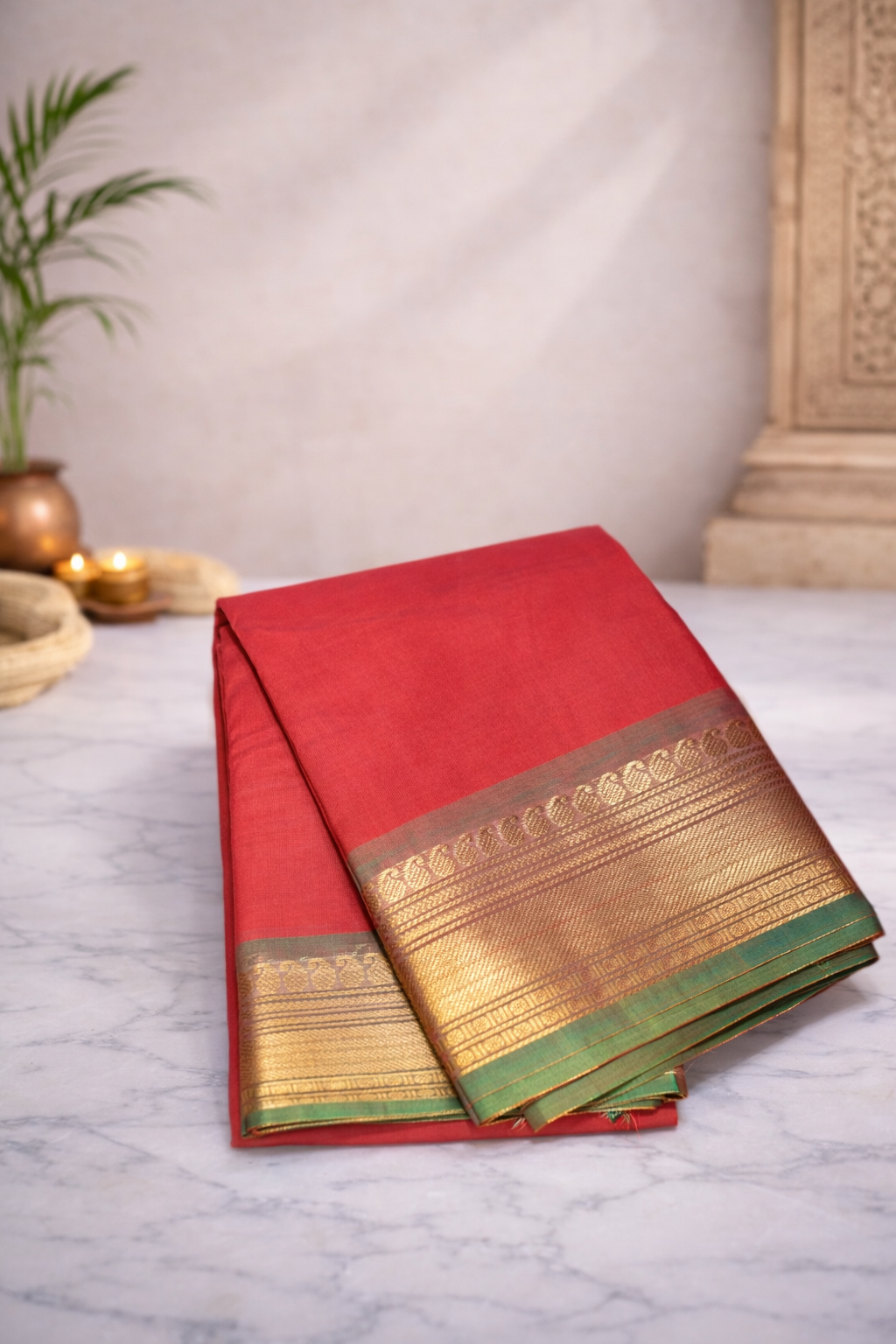 Chilli red with green border - Chettinad cotton