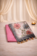 Tussar Hand Print silk - onion pink + grey saree