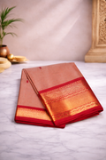 Earthly peach with dark red kanchi border - hand butta - Chettinad cotton