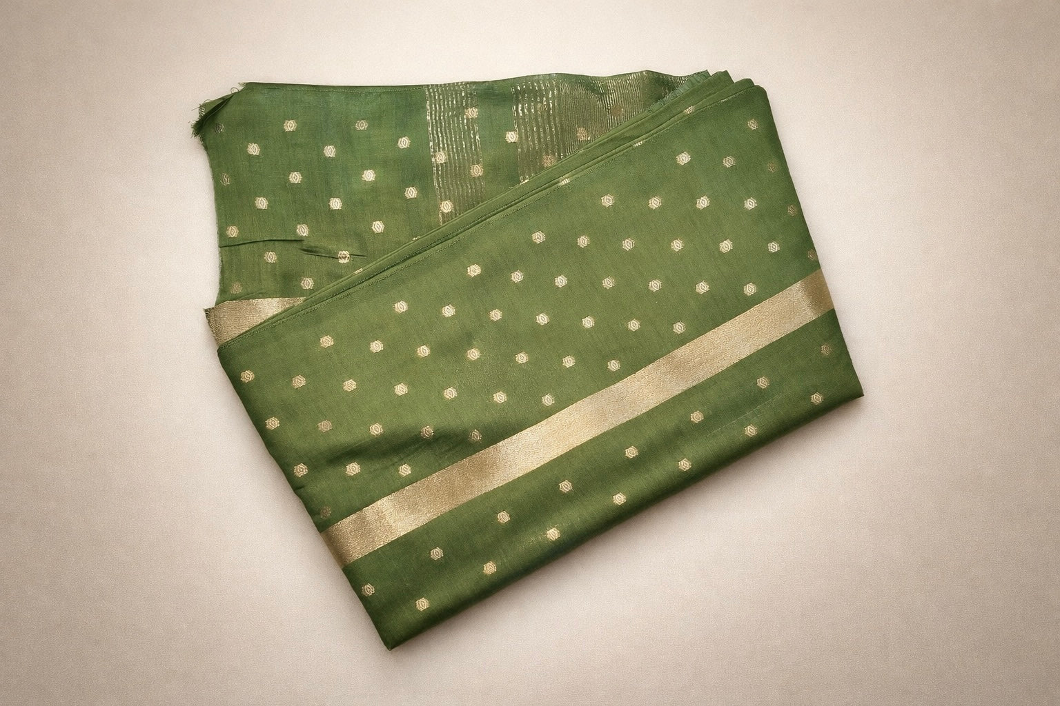 Semi-Raw Silk Zari Butti - Moss Green