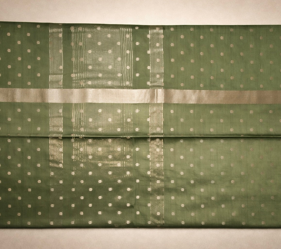 Semi-Raw Silk Zari Butti - Moss Green