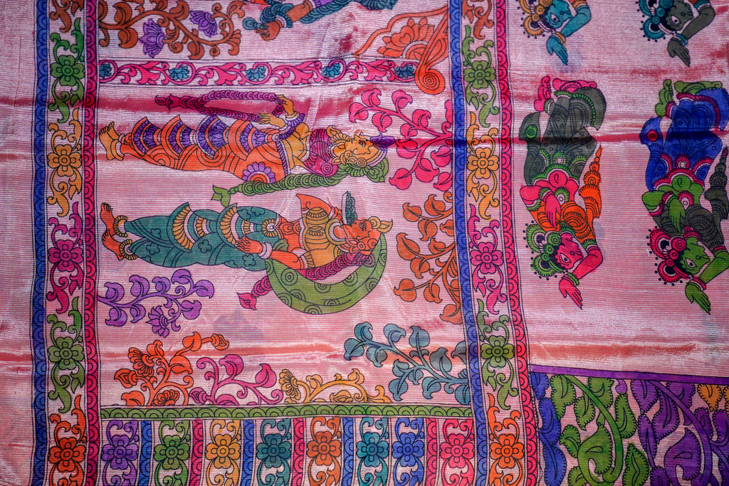 Mangalgiri Silk - Kalamkari Hand Painting (screen print) - Pale pink
