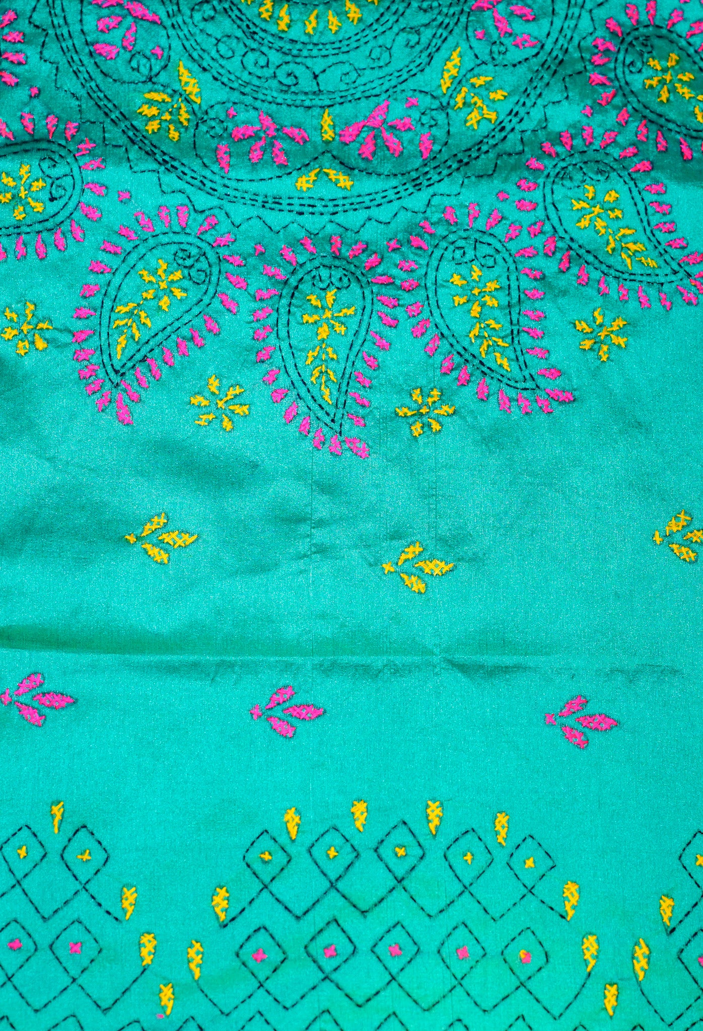 Kantha Hand Embroidered Tussar Silk - Green Saree