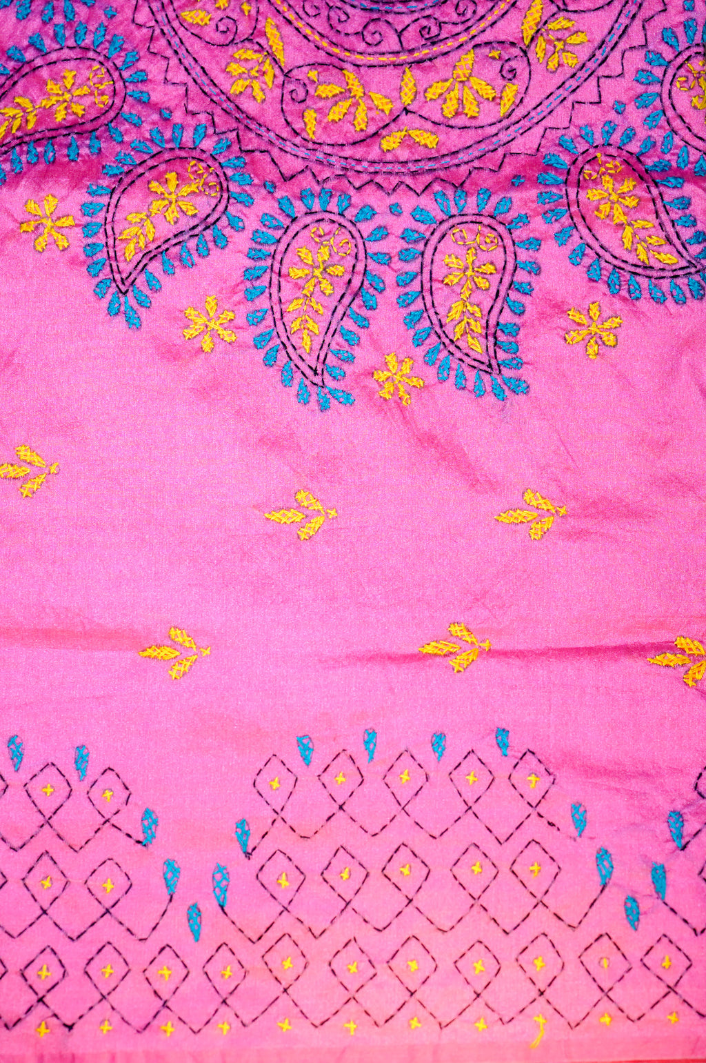 Kantha Hand Embroidered Tussar - Pink Saree