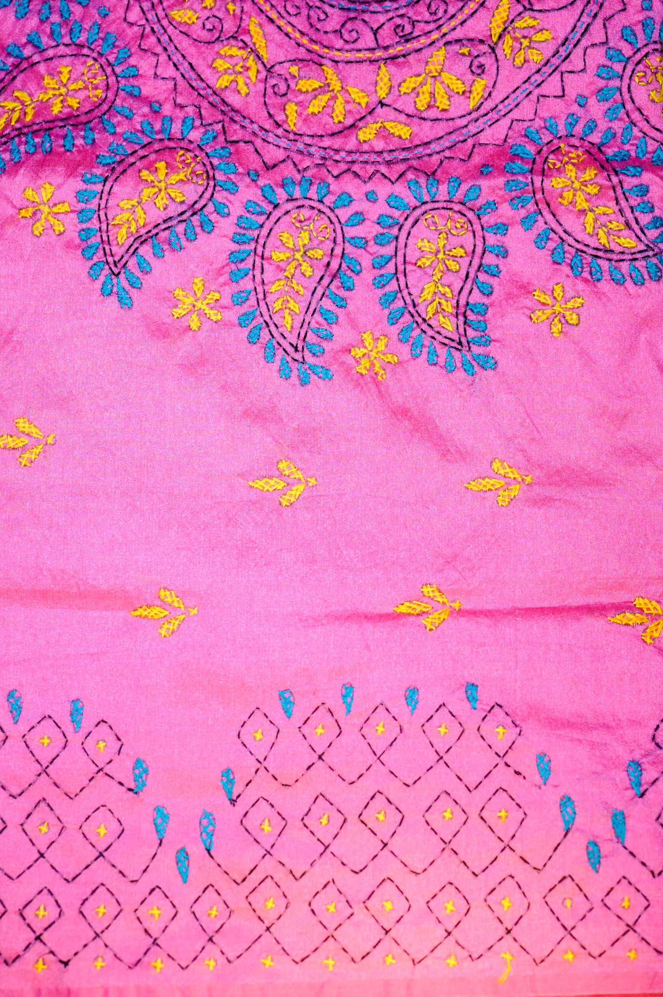 Kantha Hand Embroidered Tussar - Pink Saree