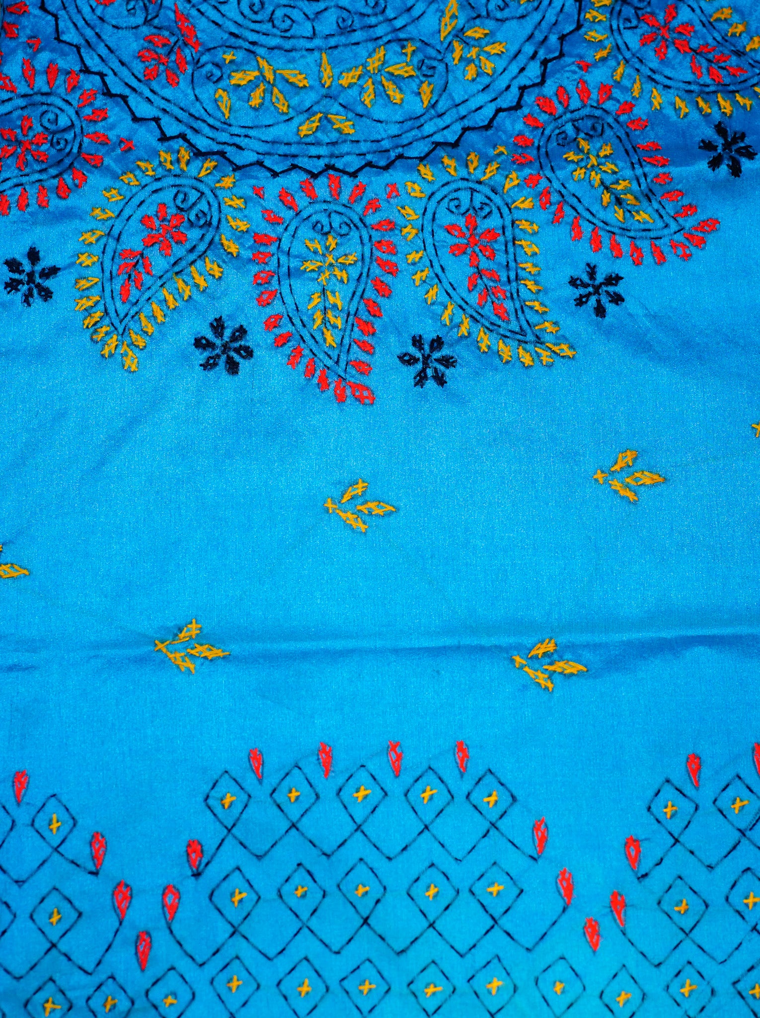 Kantha Hand Embroidered Tussar - Blue Saree