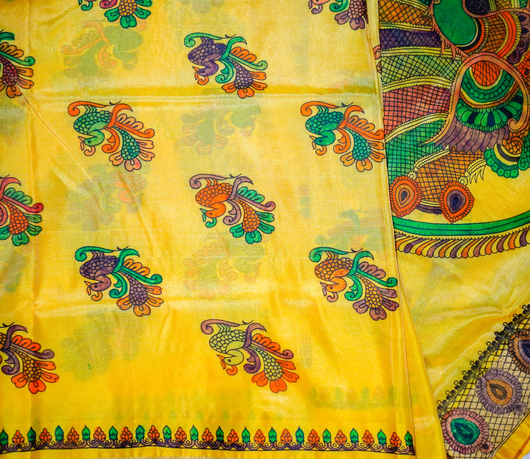 Vekatagiri Silk - kalamkari hand painting (screen print)- Mango yellow