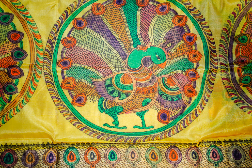 Vekatagiri Silk - kalamkari hand painting (screen print)- Mango yellow