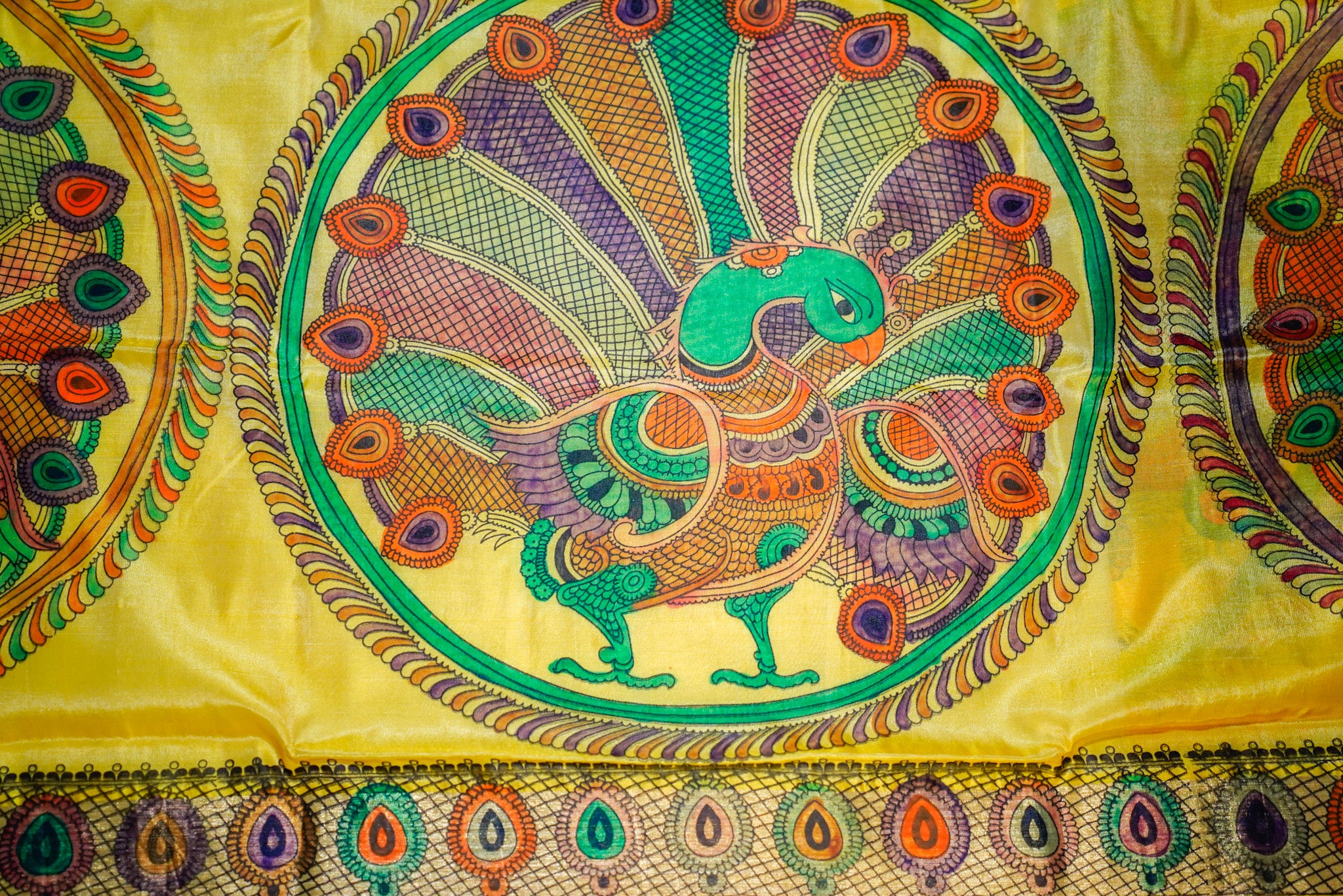 Vekatagiri Silk - kalamkari hand painting (screen print)- Mango yellow