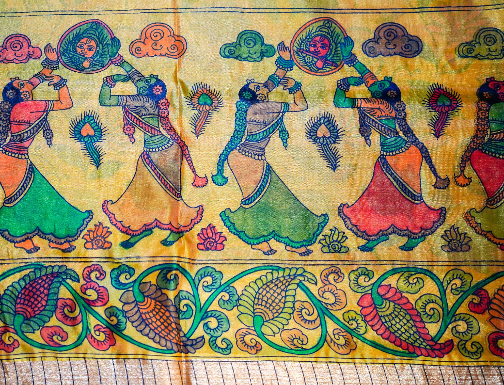 Vekatagiri Silk - kalamkari hand painting (screen print) - Mustard yellow