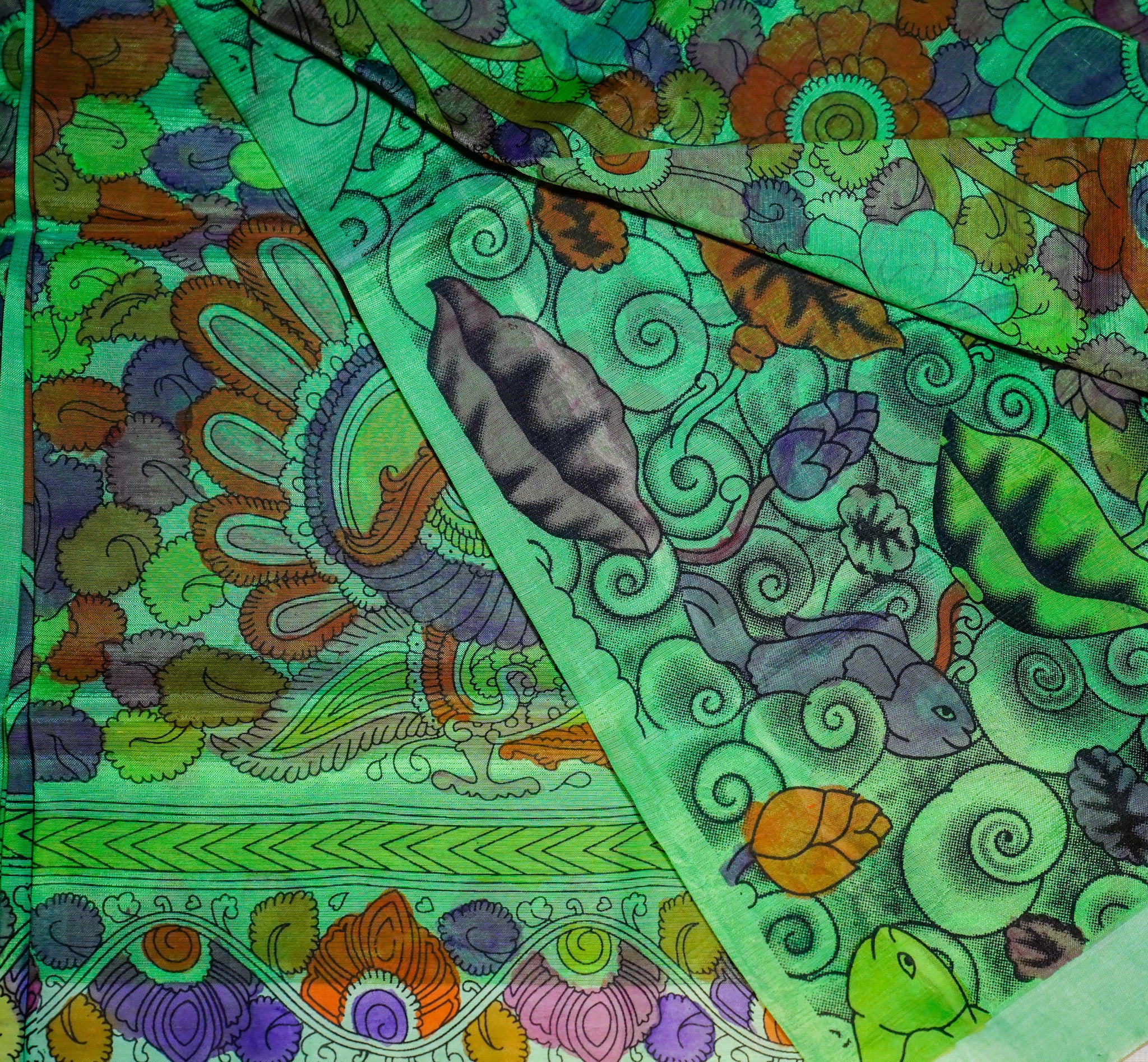 Mangalgiri Silk - Kalamkari Hand Painting (screen print) - Green