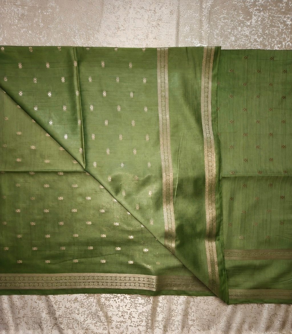 Semi-Raw Silk Zari Butti - Retttapet Border 
(Moss Green)