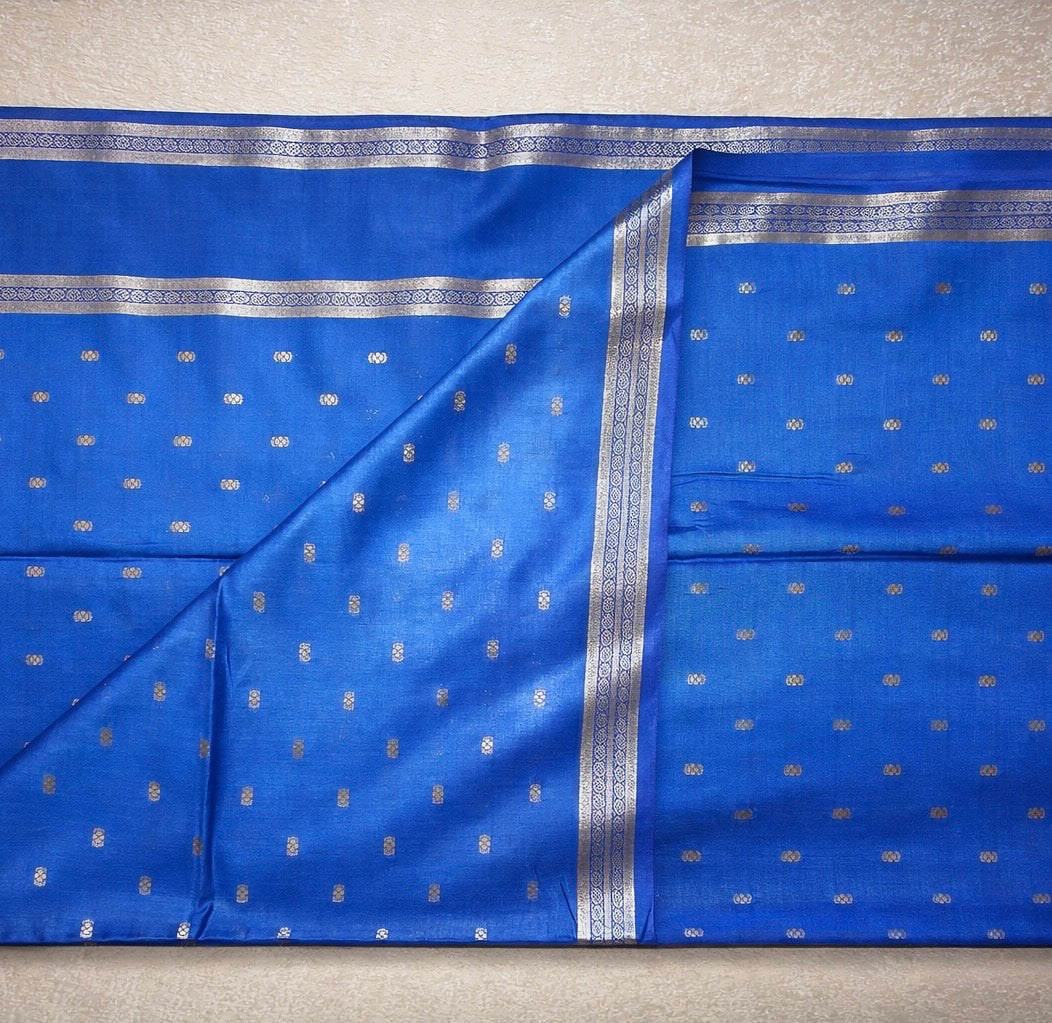 Semi-Raw Silk Zari Butti - Retttapet Border 
(Sapphire Blue)