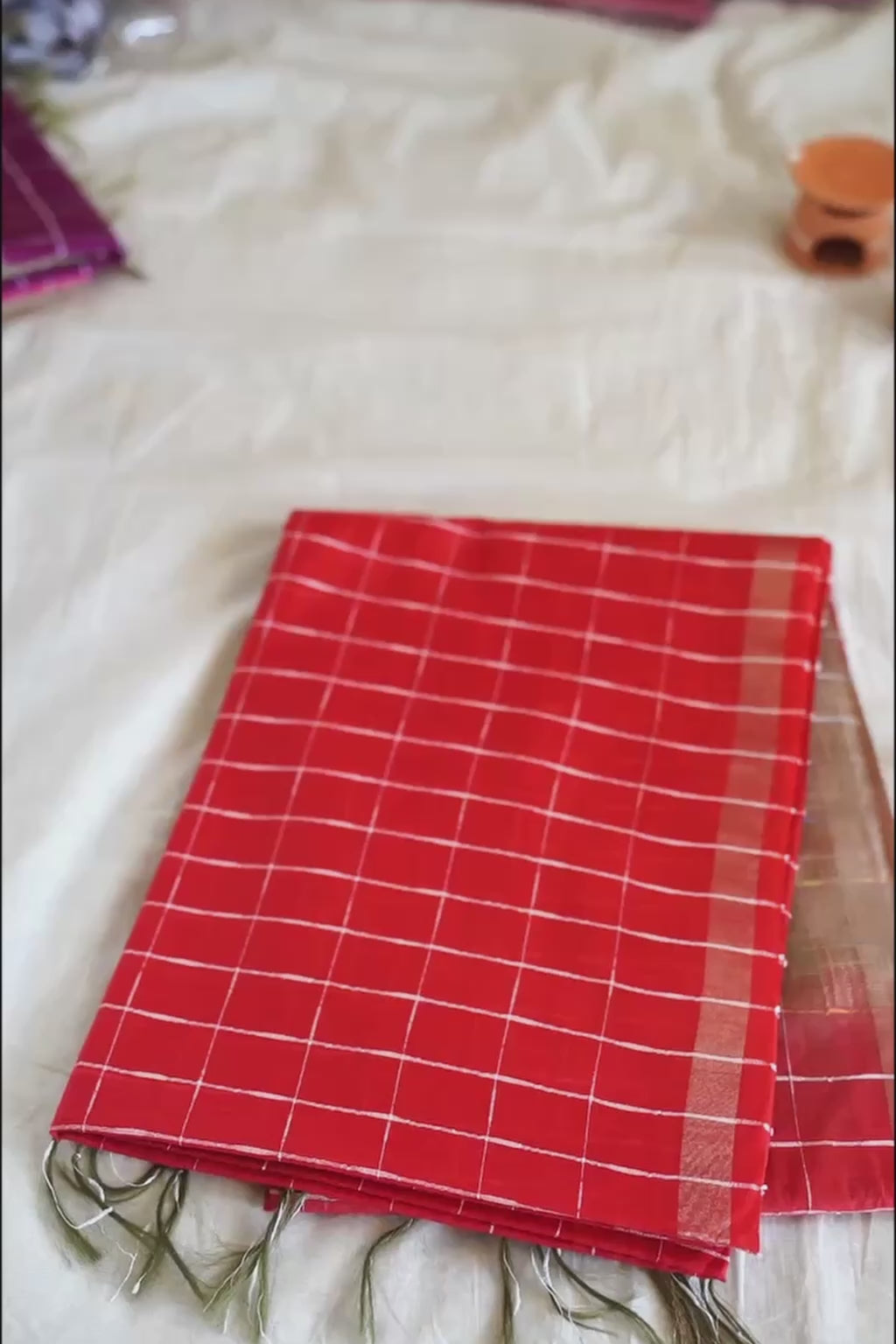 Checked Semi Tussar Silk - Contrast pallu - Coffee Brown